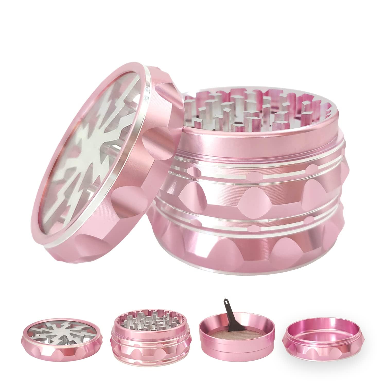 Clear Top Herb Grinder Metal Large 2.5'' Large 4-Part, Aluminum Alloy Spice Grinder with Pollen Catcher (Pink)