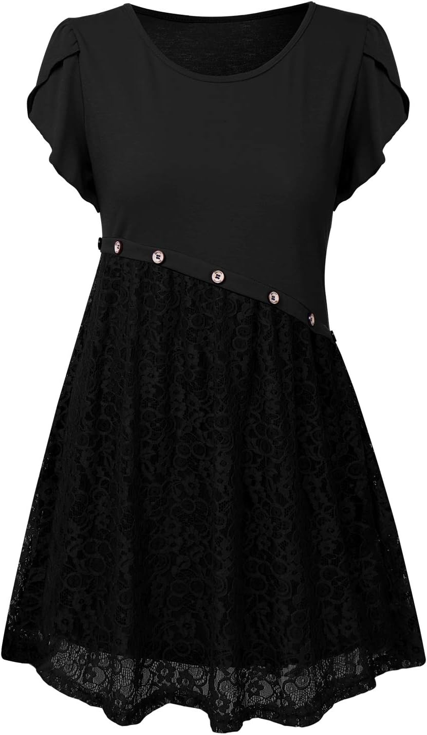 SOLERSUN Summer Tops for Women, Ladies Short Sleeve Cotton Knit Shirts Comfy Slim A Line Dress Shirts Juniors Work Clothing Black L