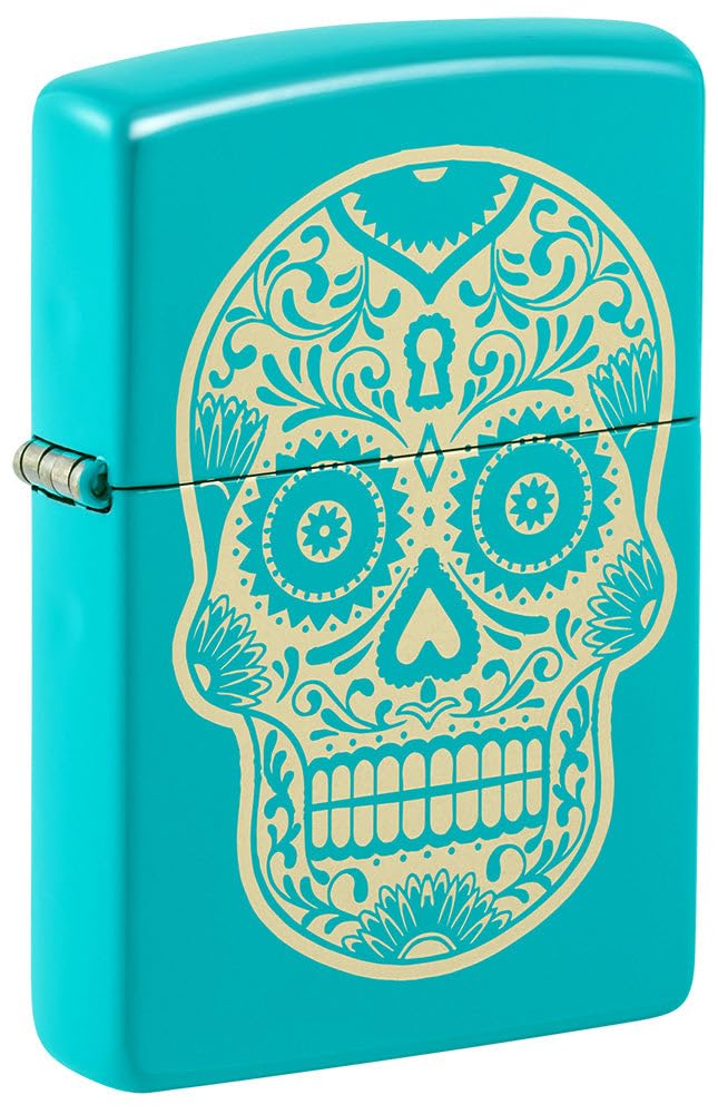 Zippo Windproof Lighter - Dia De Los Muertos Sugar Skull - Flat Turquoise Finish, Laser Engraving - Refillable - Reusable - Windproof Design - Gift Box - Made In USA