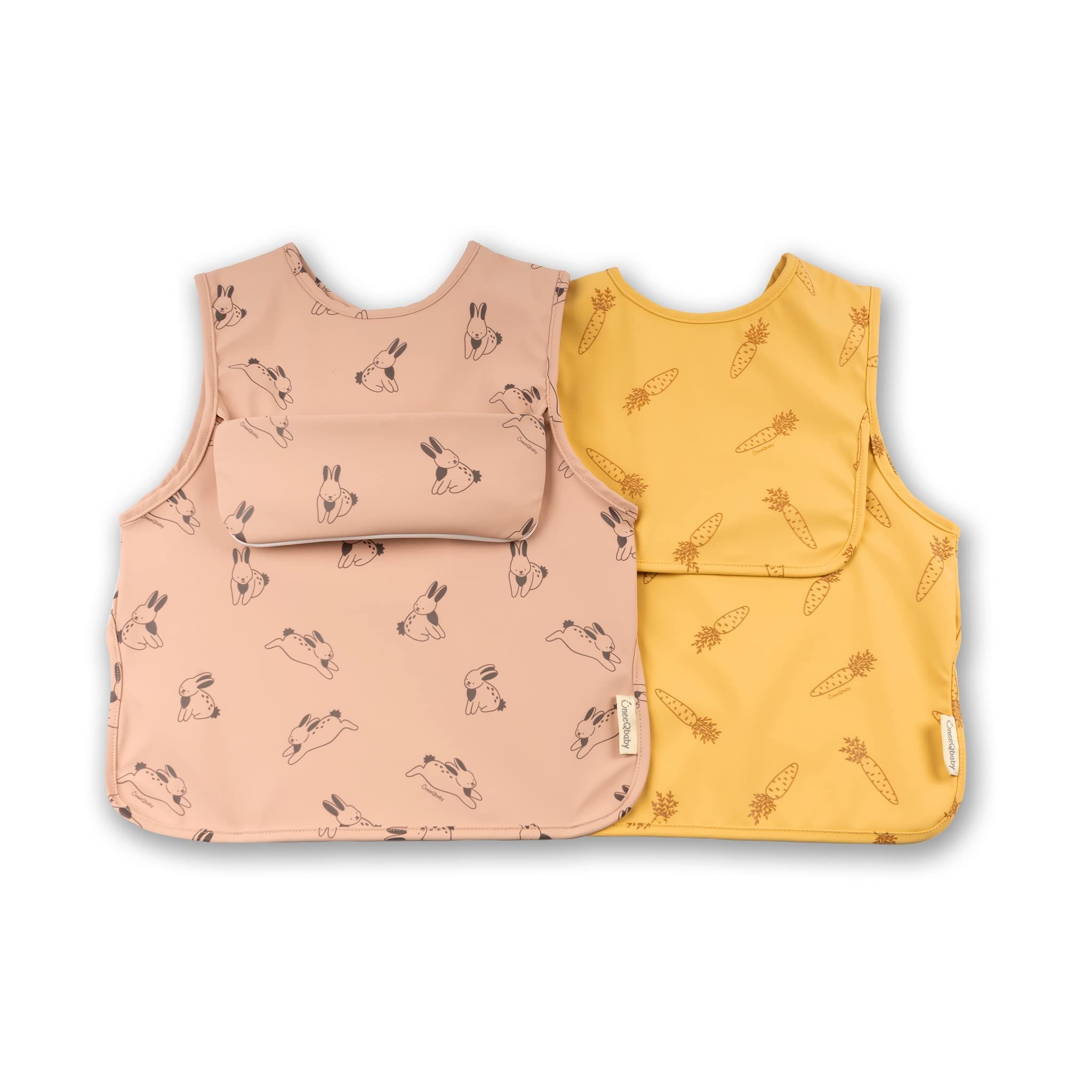 ÜneeQbaby Waterproof Baby and Toddler Bibs - Pack of 2, Short Sleeve Oeko-TEX for Feeding and Messy Play with Chest Pocket, Coverall MocK