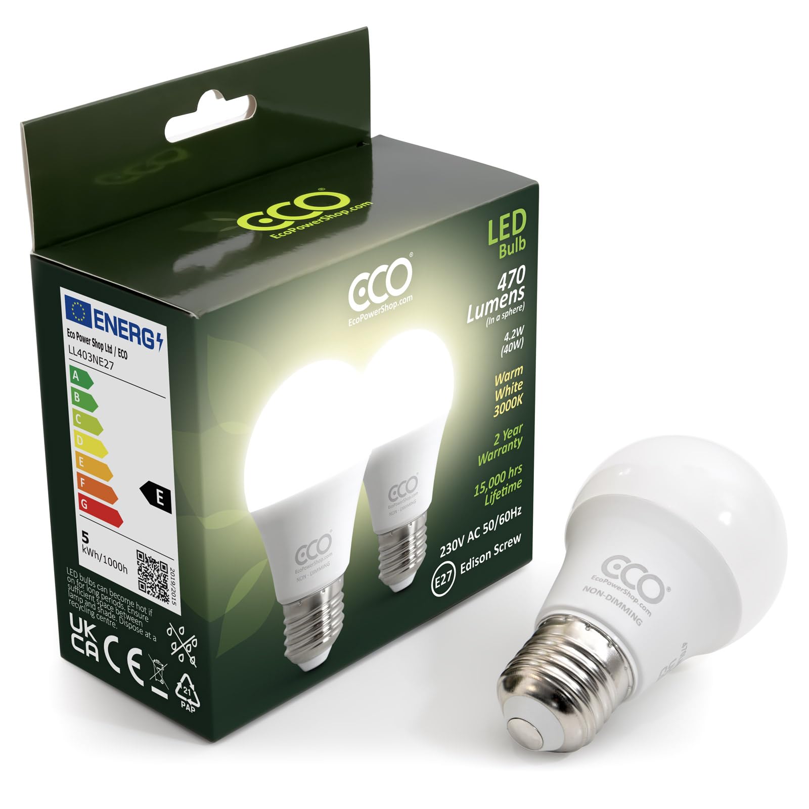 ECO 40W Equivalent E27 Screw Energy Saving LED Light Bulb, Low Energy 4.2W LED, 470 Lumens, Warm White 3000K, Non-Dimmable, 15,000Hrs Lifetime.