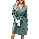 CUPSHE Womens Casual Fall Dress 2024 V Neck Long Sleeve Ribbed Knit Belted Fitted A Line Pullover Midi Sweater Dress