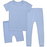 Aablexema Kids Pajamas Set Rayon, 3Pcs Unisex Toddler Short Shirt and Pants Set Snug Fit Sleepwear Pjs 1-6 Years