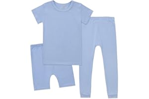 Aablexema Kids Pajamas Set Bamboo Rayon, 3Pcs Unisex Toddler Short Shirt and Pants Set Snug Fit Sleepwear Pjs 1-6 Years