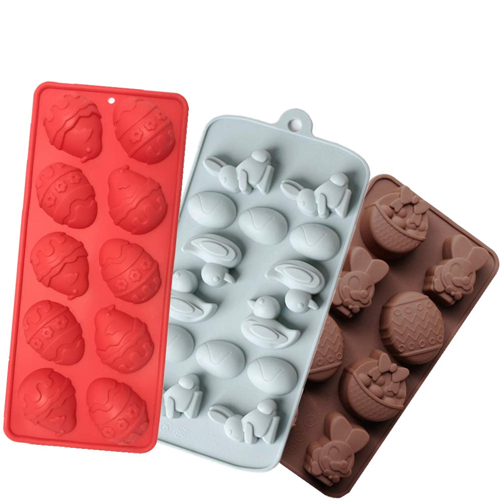 Silicone Molds for Candy, Cake, Chocolate and Ice Cube, Easter Egg and Bunny Mold, Includes Egg, Rabbit, Lily and duck, Color Random (3 Pack)