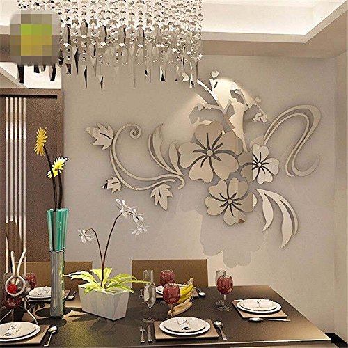 Rumas 3D Flower Mirror Wall Stickers for Kids Room - Art DIY Romantic Home Wall Decor for Wedding Birthday Party - Removable Wall Murals Wall Decals for Living Room Bedroom - Silver Gold (Silver)