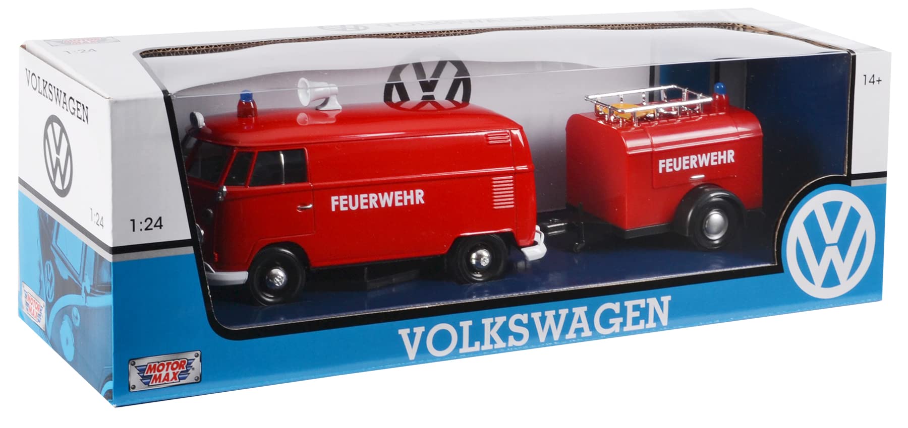 OPO 10 - Miniature van reproduced on a 1/24 scale compatible for VW Combi Type 2 T1 German Firefighter with trailer - Motormax 79671