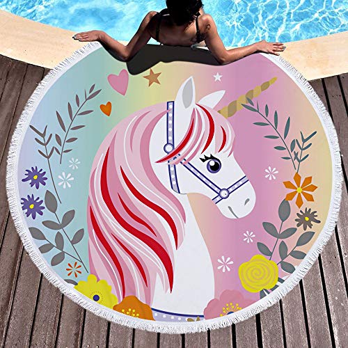 Round-Unicorn-Beach-Towel-Blanket-Microfibre-with-Tassels-Water-Absorbent-Circle-Picnic-Blanket-Yoga-Camping-Mat-Multi-Purpose-Travel-Towels