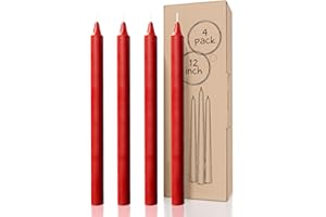 CANDWAX Red Taper Candles Pack of 4 - Slow Burning Dripless Unscented Straight Candles 12 inch - Ideal for Dinner Table - Smokeless Long Candlesticks