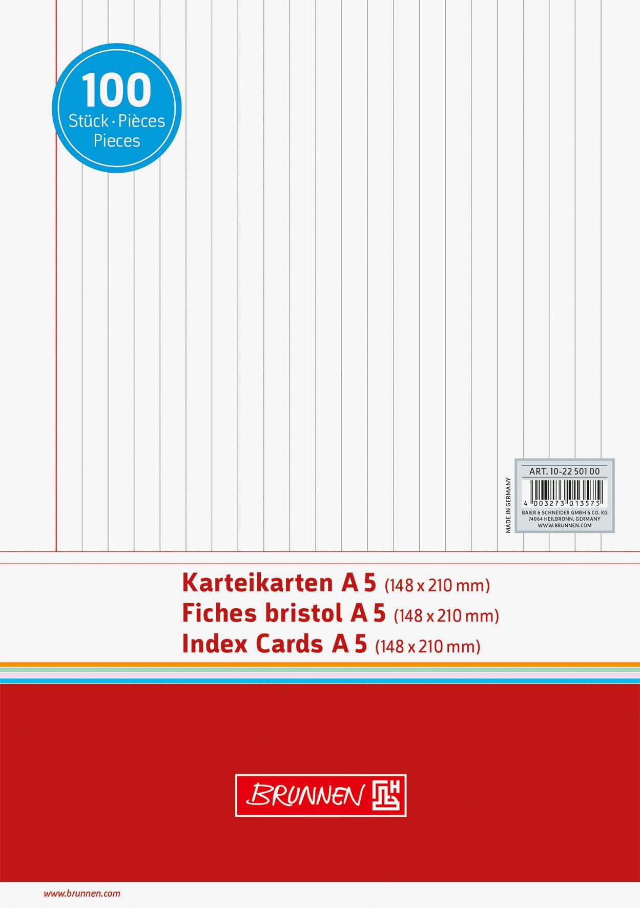 Brunnen Index Cards 180 g/m2 A5 Landscape Lined Shrink-Wrapped Pack of 100 White