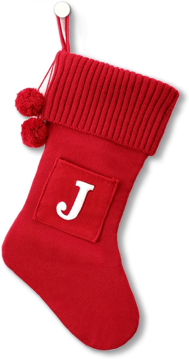 Stockings & Holders - CRSMHLPK 20 Inches Initial Christmas Stocking Monogram Christmas Stocking red Soft Knitted with White Embroidered Letter Christmas decorations-02-J-Red