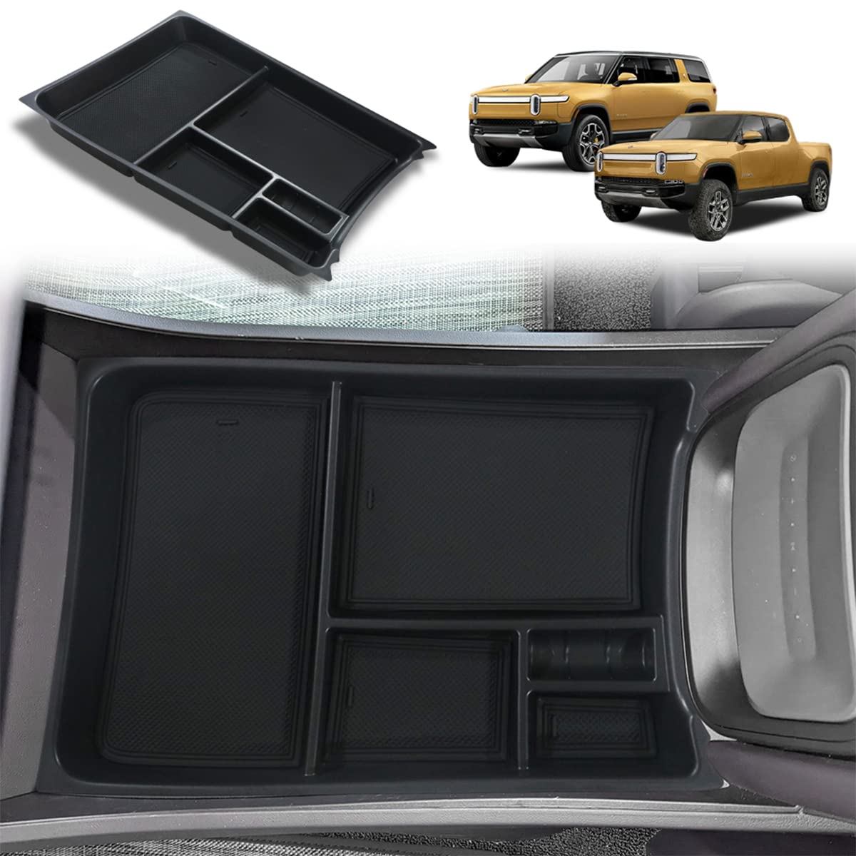 Photo 1 of BestEvMod for Rivian R1T & Rivian R1S Lower Center Console Organizer Tray Interior Accessories Storage Box ABS Material with PVC Trim Compatible with Rivian R1T/R1S 2022 2023 2024 Accessories (Black)
