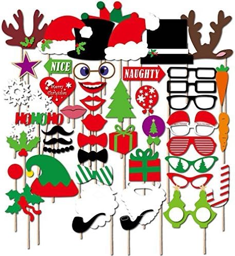 50PCS Colourful Photo Booth Props Fun Selfies Tools- Glasses Ties Mustaches Lips Hats Antlers Trees Gift Set - for Halloween, Christmas, Wedding Party, Other Festivals and Theme Parties by Everoasis