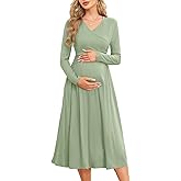 AISWI Women's 2024 Fall Patchwork Maternity Nursing Dress with Pockets Long Sleeve V Neck Clothes Midi Pregnancy Dresses