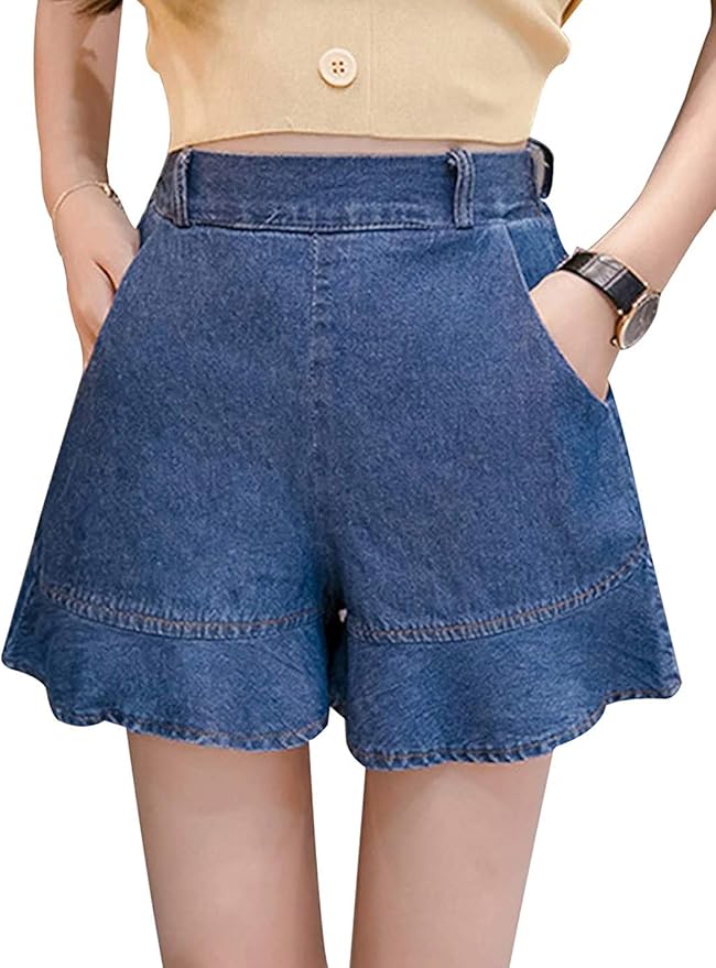 PAODIKUAI Women's Casual Wide Leg Denim Ruffle Pleated ALine Jean