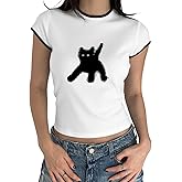 Pairxily Womens Baby Tee Y2k Cat Graphic Shirt Grunge Slim Fit Vintage Shirts for Women Short Sleeve Crop Tees