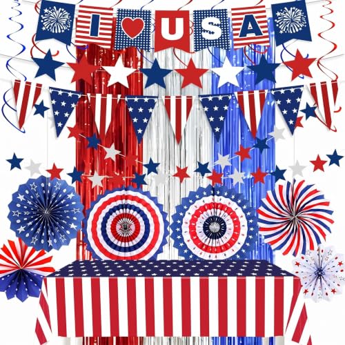 62PCS Patriotic Memorial Day Decorations Set,Red White Blue Paper Fans in Patriotic Designs,250 Anniversary USA Decorations at Amazon
