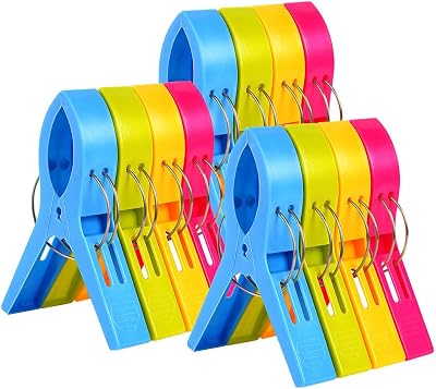Vicloon Beach Towel Clips 12 Pack Large Plastic Clothes Pegs 4 Colors