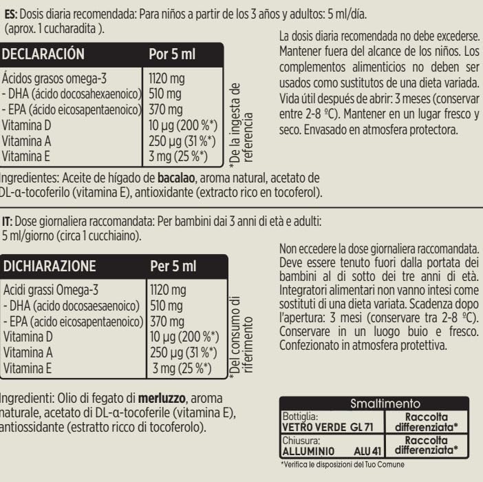 Moller’s ® | Aceite de hígado de bacalao | Complemento dietético para niños con omega-3 EPA, DHA y vitaminas A, D y E | Sabor Tutti Frutti | 500 ml — foto 8 de 8