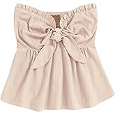 SHENHE Women's Strapless Shirred Tube Top Summer Sleeveless Ruffle Tie Front Going Out Crop Tops
