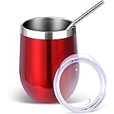 Volhoply 12oz Stainless Steel Wine Tumbler with Lid and Straw,Double Wall Vacuum Insulated Stemless Wine Glasses,Reusable Travel Coffee Mug for Cold Drinks,Small Tumblers Gifts for Her Him(Red,1 Set)