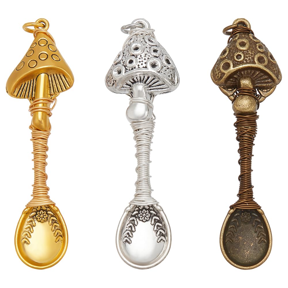 NBEADS 3 Pcs Alloy Mushroom Spoon Pendants, Wire Wrapped Necklace, Spoons for DIY Craft Jewelry Making, 6.8cm Long