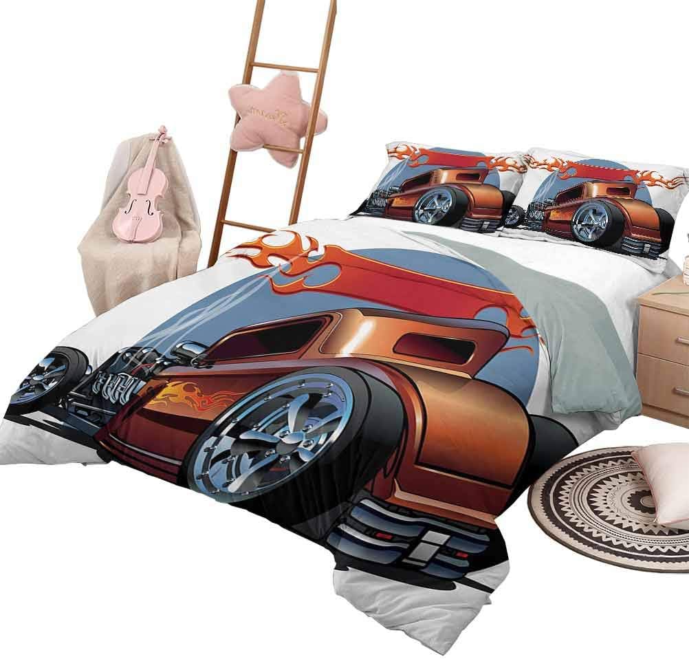 DayDayFun Quilt Set with Sheets Cars Bedspread Bed Cover for All Season Cartoon Hot Rod Antique Customized Classical American Engine Nostalgia Revival Queen Size Orange Blue Black
