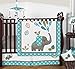 Turquoise Blue Gray and White Mod Elephant Girl or Boy Baby Bedding 11 Piece Crib Set