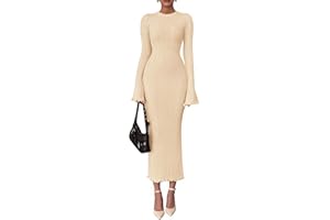 PRETTYGARDEN Sweater Dresses for Women 2025 Fall Bell Long Sleeve Crew Neck Bodycon Maxi Dress Winter Ribbed Knit Outfits