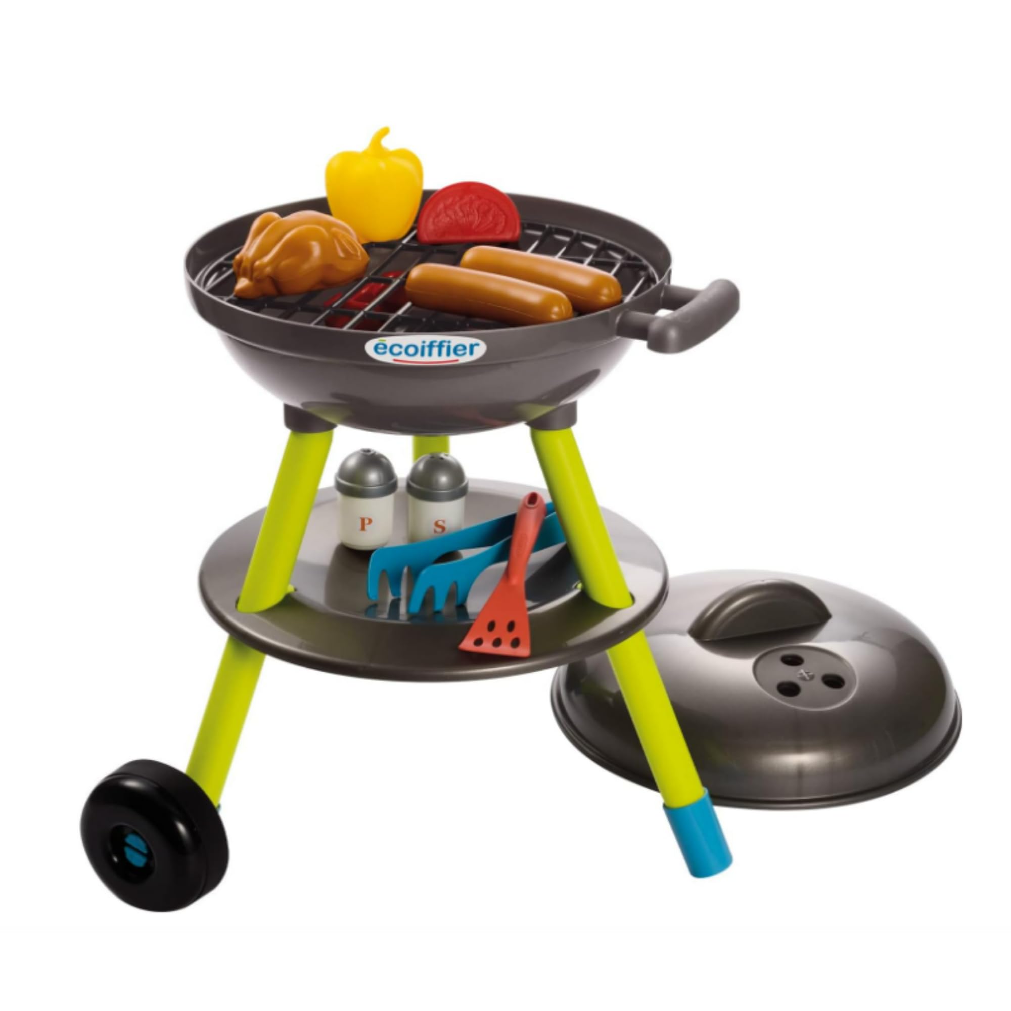 Ecoiffier E4668 Barbeque Set 16 Pieces - a round charcoal play barbeque set including pretend and play food for children ages 18 months+ Mixed Colours