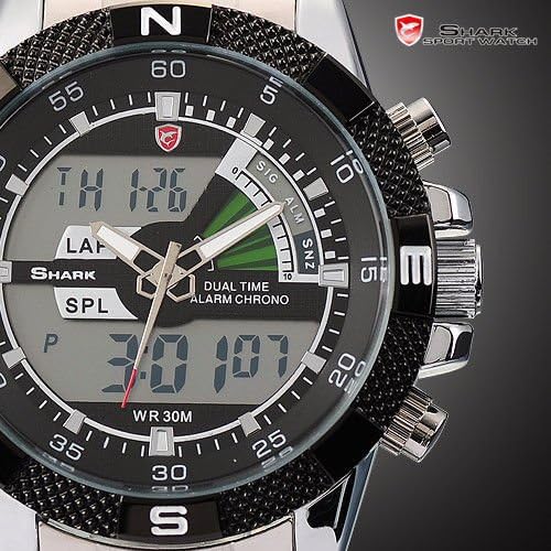New Watch Men's Shark Fashion LCD Dual time Quartz Sport Steel Miliatry Army Wrist Watch ★Digital Dual Time★Classic Men Watch★Upgrade Gift Box★ (Black)