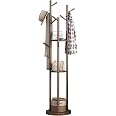 KASLANDI Wooden Coat Rack Freestanding, Rotary Coat Rack Stand with 3 Storage Shelves and 9 Hooks, Enterway Hall Tree Free St