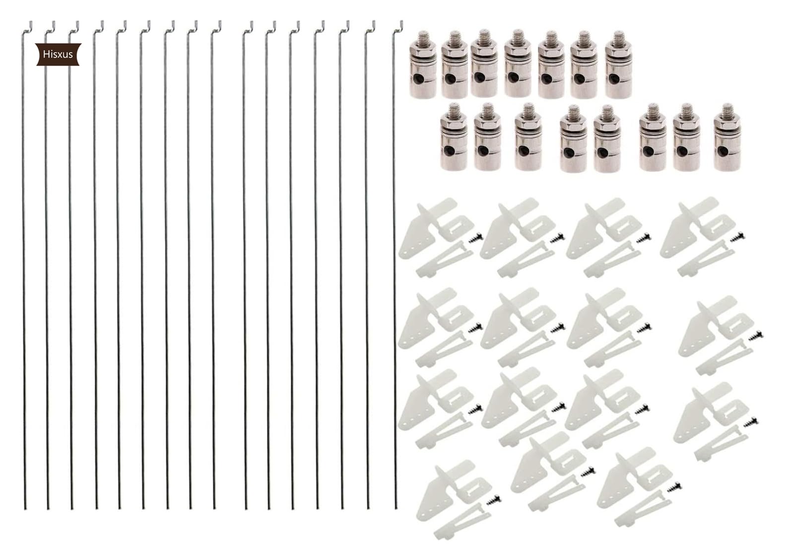 Yrhrol Hisxus 15Pcs Adjustable Pushrod Connector Linkage Stopper 1.3mm + 15Pcs Nylon Control Horns 21x10 mm + 15Pcs 1.2 x 210mm Z Push Rods Parts Compatible for RC Airplane Plane Boat Replacement