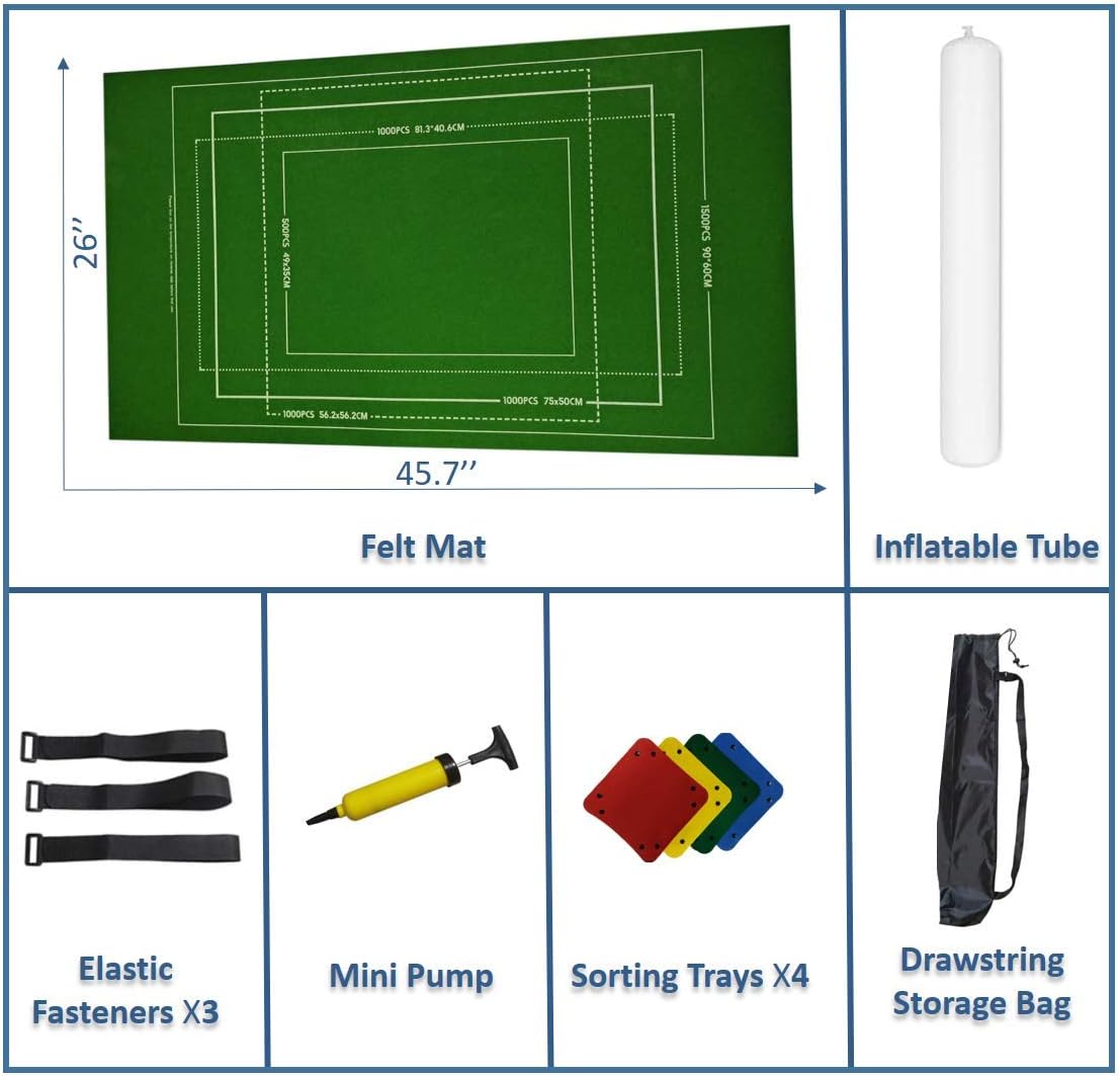 TNYGoods-Puzzle Roll Up Mat, Hold up to 1500 Pieces, with 45.7" X 26" Portable Storage and Transport Felt Mat, Inflatable Tube, Mini Pump, Drawstring Storage Bag, 3 Elastic Fasteners, 4 Sorting Trays: Toys & Games