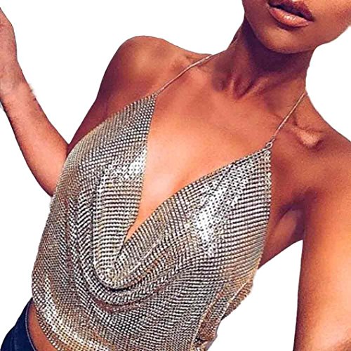 TLOOWY Sequins Crop Tops, Women Sexy Halter V-Neck Vest Tank Tops Backless Sleeveless Bra Club Wear Nightclub (Silver) - Thumbnail 4