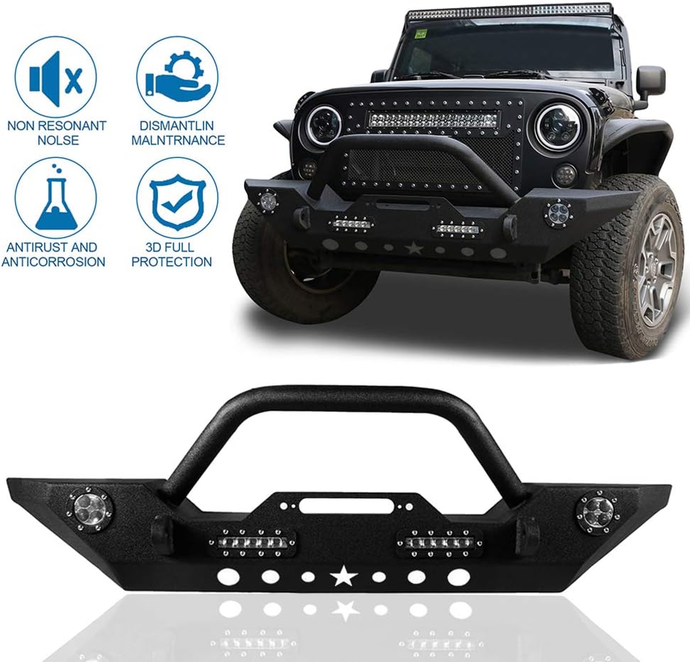 TUPARTS Steel Front Bumper With Winch Plate LED Strip Light Relacement Replace For 2007-2018 Jeep Wrangler JK
