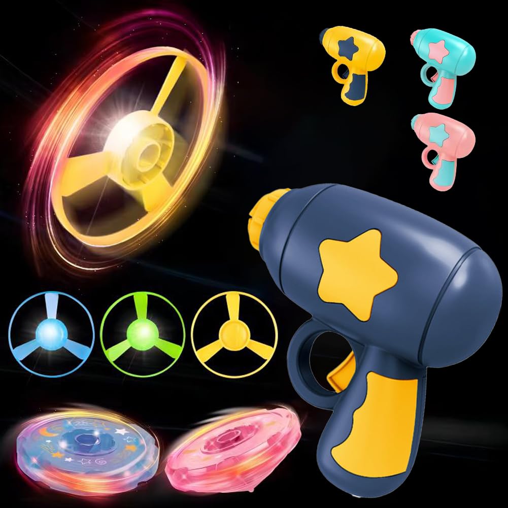 Vilbocr 3IN1Flying Disc Launcher Kids Toy Launcher with 1Flying Saucer Gun 4Cat Fetch Parachute 1Luminous propeller, 1 luminous gyroscope Outdoor Indoor Games Activities (Blue yellow)