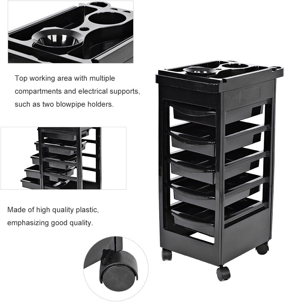 Filfeel Salon Spa Trolley Storage Cart with 5 Drawers, Coloring Beauty Salon Hair Dryer Holder Stylist Trolley in Black: Home & Kitchen