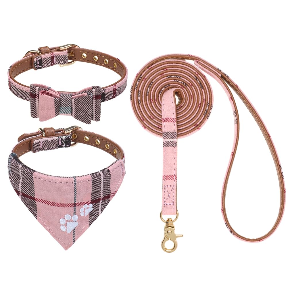 EXPAWLORER Dog Collar and Lead Set - Plaid Dog Bow Tie Collar, Pawprint Bandana, No Tangle Lead, Adjustable Sizes, Pink Medium