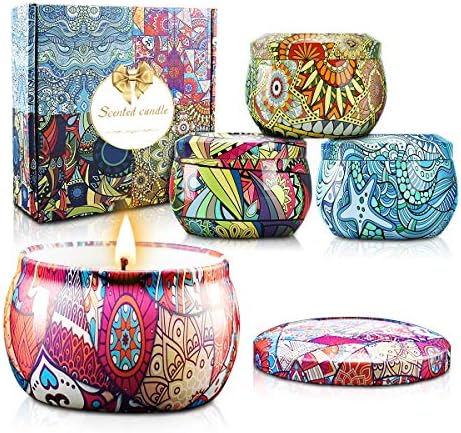 Scented Candles Gift Sets, Natural Soy Wax Aromatherapy Candles Portable Travel Tin Candles Women Gift with Fragrance Essential Oil, 4.4Oz 25 Hour Burn Time Per Candle for Bath Yoga Home 4 Pack
