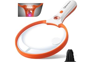 EBBNIVS Large Magnifying Glass with Light, Magnifier 10X 20X 45X Handheld Illuminated Lighted Magnifier with 3 LED Lights 1UV Light Storage Bag Clean Cloth for Seniors Reading Inspection (Orange)