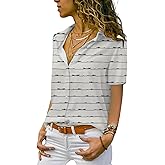 lomaiiest Women Summer Short Sleeve Collared Button Down Stripe Shirt Tops Grey