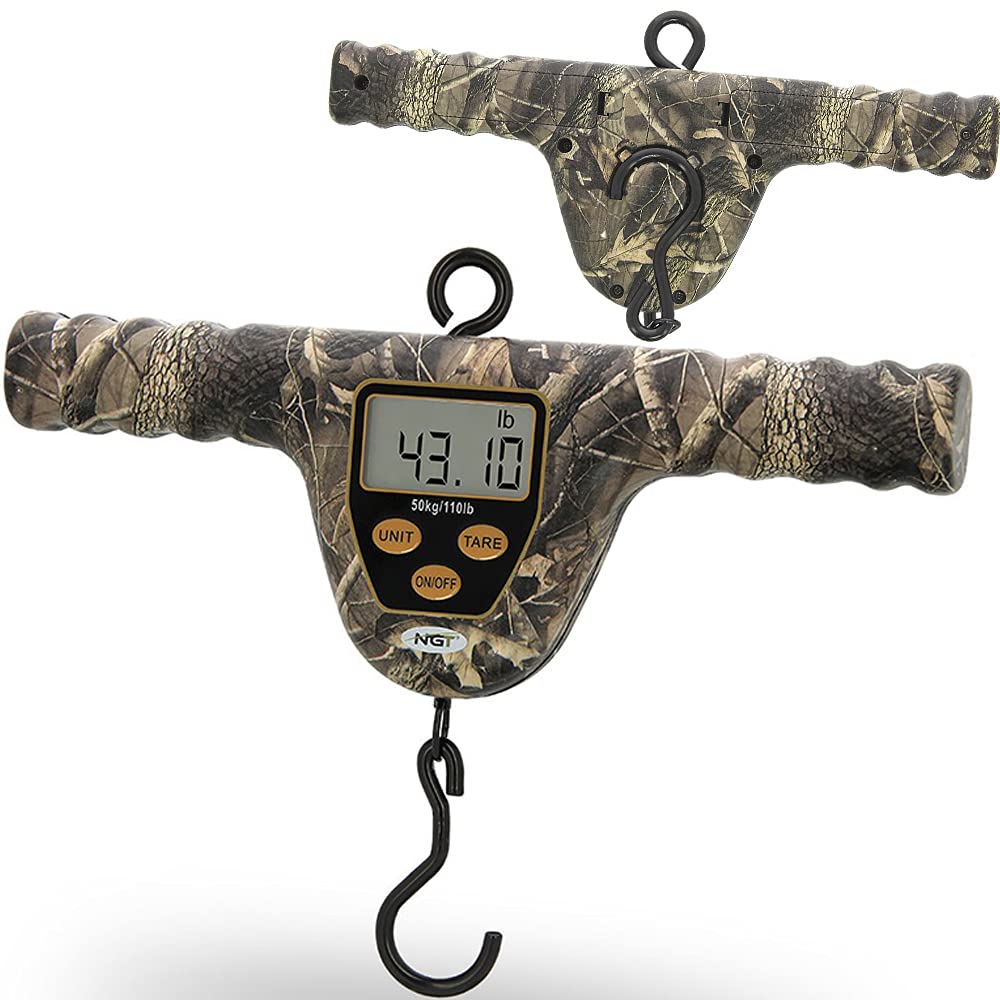 NGT Camo Digital T-Bar Fishing Scales – 110lb/50kg Carp Weighing Scale with LCD Display, Tare & Tape Measure - Ideal for all Anglers