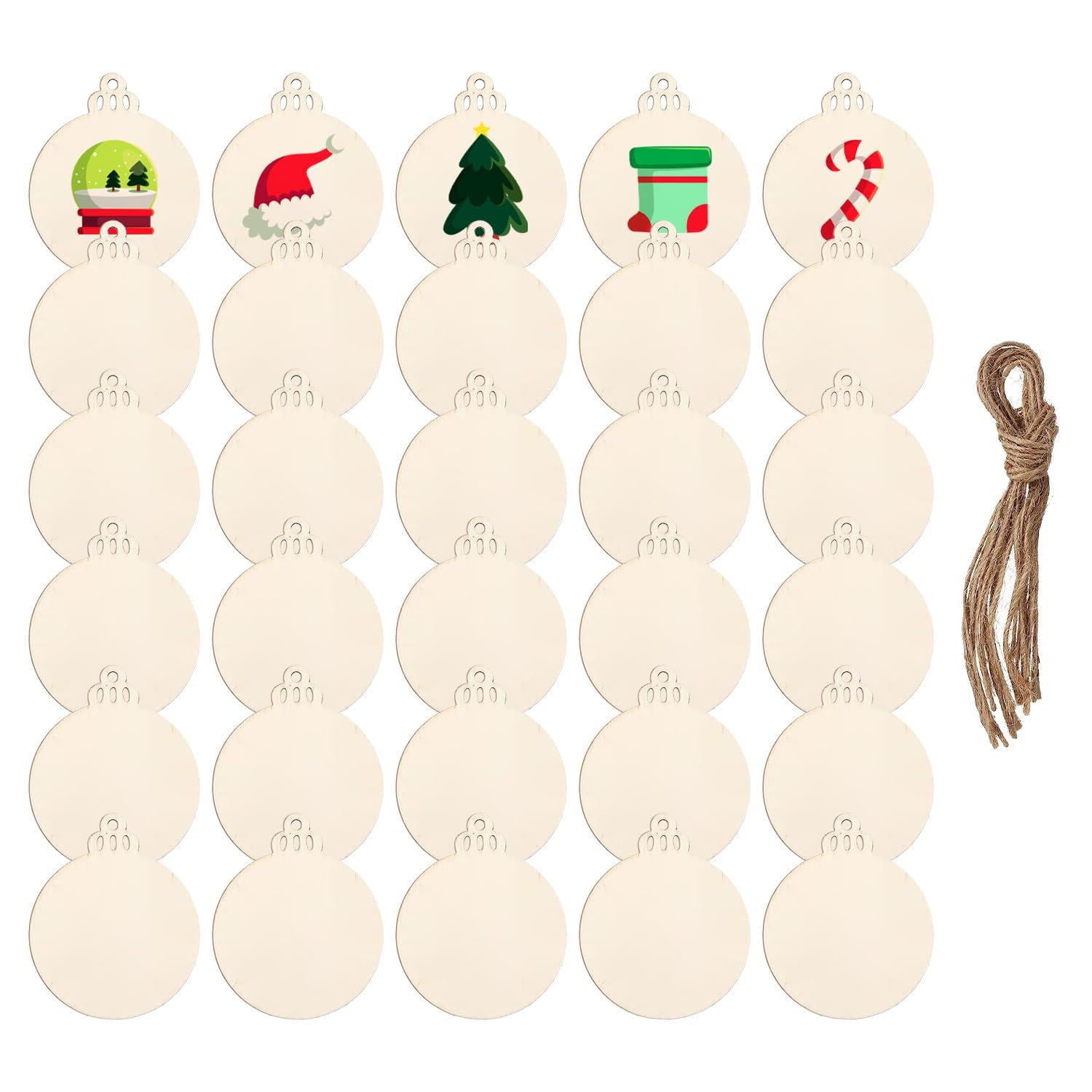 DARENYI 30 Pcs Christmas Wooden Baubles for Crafting - Natural Wood Slice Ornaments, Unfinished Blank Shapes With String for Xmas Tree Decoration