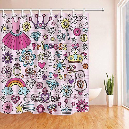 Nyngei Hand Drawn Princess Notebook Doodle Shower Curtains Skirt and Crown in Pink Polyester Fabric Waterproof Bathroom Bath Curtain Shower Curtain Hooks Included 180X180CM