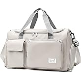 Suruid Travel Duffel Bag with Shoes Compartment Sports Gym Bag with Dry Wet Separated Pocket for Men and Women, Overnight Bag Weekender Bag Training Handbag Yoga Bag - White Gray