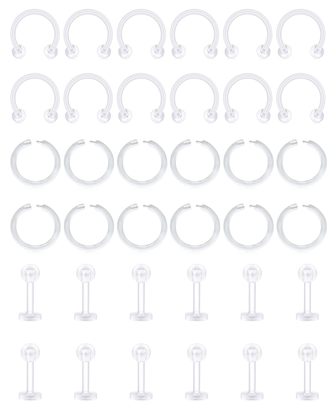 Funseedrr 36pcs Clear Lip Labret Rings Studs Retainer 16G 6mm 8mm Acrylic Bioflex Nose Tragus Helix Cartilage Daith Piercing Hoops Bars