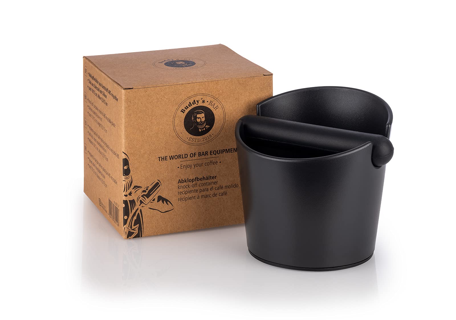 Buddy´s Bar - Barista Edition, knock container for espresso coffee grounds from the filter holder, diameter 12.2/10 cm, height: 9.4/12.7 cm, ABS, pomace container with removable knock bar, black