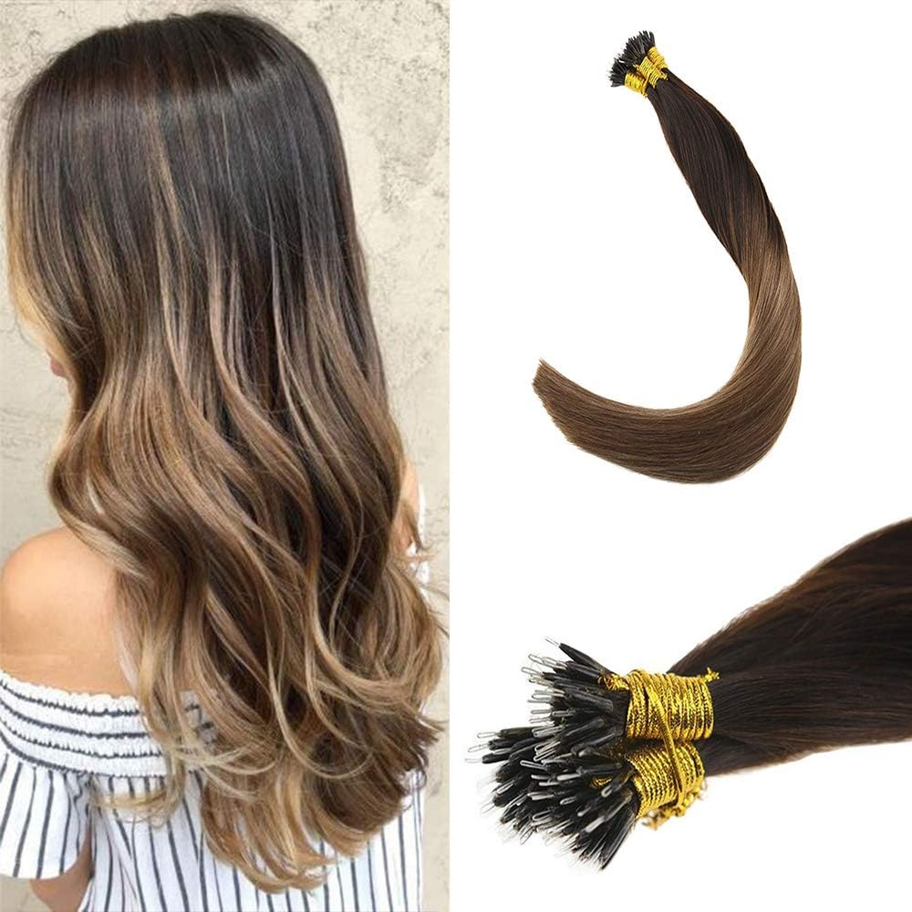 LaaVoo 14" Nano Ring Hair Extensions Balayage Dark Brown Fading to Medium Brown and Ash Blonde