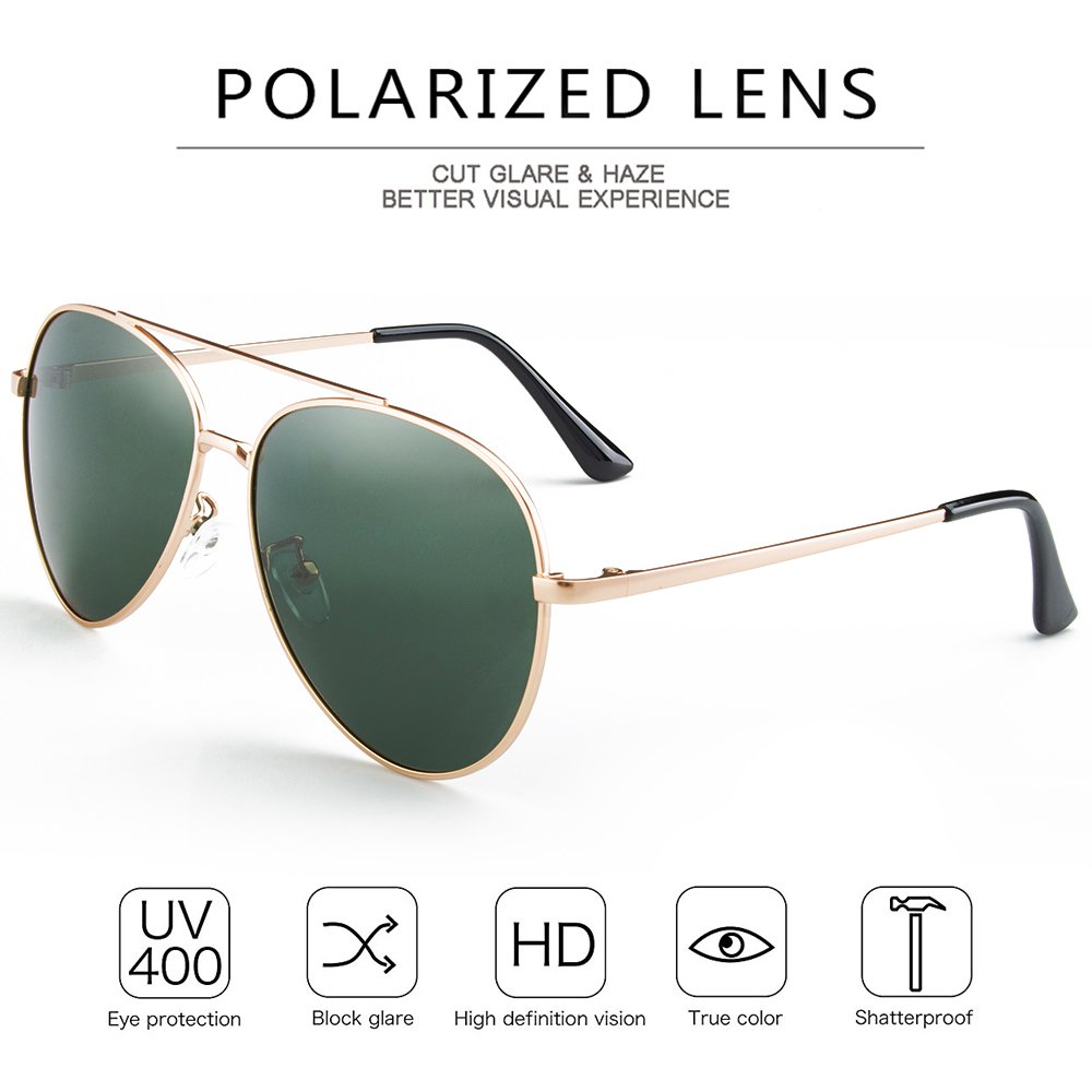 WELUK Classic Aviator Sunglasses Men Women Metal Driving Pilot Fishing Glasses (Gold & Dark Green, 60)